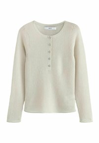 Lichtbeige lange mouw ribbeltop met een ronde hals en een voorpand met zes knopen, met een zachte textuur en een rechte zoom.