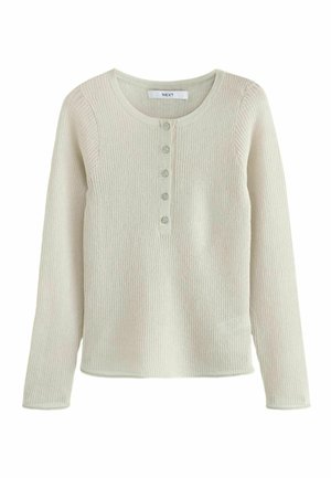 Haut beige clair à manches longues en rib avec un col rond et une patte de boutonnage à six boutons, présentant une texture douce et un ourlet droit.