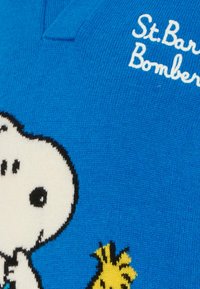 Blauwe gebreide trui met een cartoonhond en een vogelafbeelding, met zwarte omtrekken en witte letters die "St. Barth Bombers" lezen.