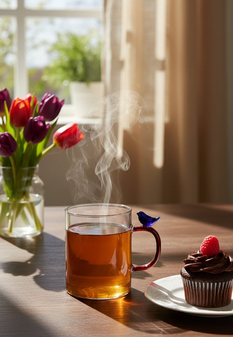 Parująca filiżanka herbaty z niebieskim uchwytem w kształcie ptaka, czekoladowa babeczka z maliną na białym talerzu oraz wazon z tulipanami na oświetlonym słońcem drewnianym stole.