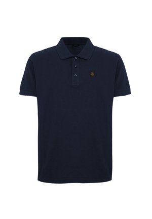 Polo blu navy realizzato in cotone, maniche corte, apertura con due bottoni e logo ricamato sul lato sinistro del petto. Tessuto liscio, vestibilità casual.