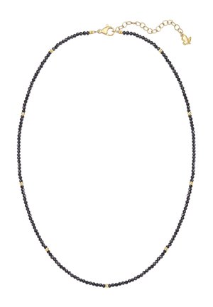 Collier délicat avec de petites perles noires et des perles dorées espacées uniformément, doté d'un fermoir mousqueton en or et d'une chaîne réglable avec un pendentif papillon.
