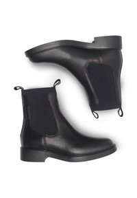 Melni ādas potīšu zābaki ar elastīgām sānu paneļiem, vilkšanas cilpām un nelielu papēdi. Iespējamā virsma ir gluda, un zābaku dizains ir ar noapaļotu purngalu.