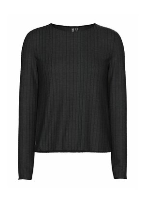 Tunique noire à manches longues avec une texture côtelée et un col rond. Le tissu présente un léger éclat, offrant une apparence élégante et ajustée.