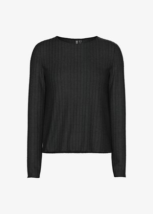 Tunique noire à manches longues avec une texture côtelée et un col rond. Le tissu présente un léger éclat, offrant une apparence élégante et ajustée.