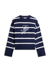 Πουλόβερ με navy και λευκές ρίγες από πλεκτό ύφασμα, με στρογγυλή λαιμόκοψη και κεντημένο λογότυπο στο μπροστινό μέρος. Μακριά μανίκια και κοντό μήκος.