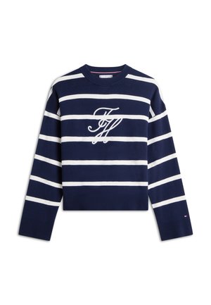 Jūras zils un balts svītrains džemperis no adītās auduma, ar apaļu kaklu un izšūtu logotipu priekšpusē. Garas piedurknes un īss dizains.