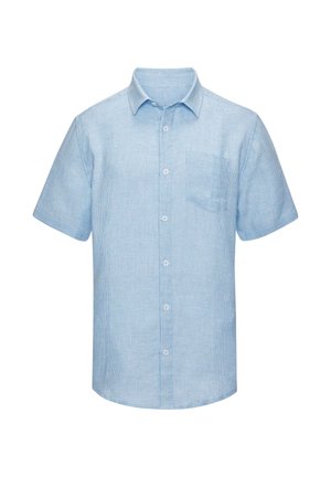 Light blue short-sleeve button-up shirt with a collar and single chest pocket, displayed on a white background.