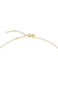 Guldtonet metal kæde med en lobster clasp og forlængelsesled. Har en glat overflade og et enkelt design.