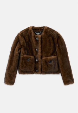 Brown faux fur cropped jacket with a round neckline, two front pockets, and black buttons. Soft texture and snug fit.