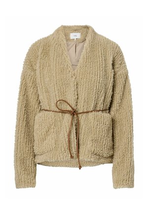 Beežis tekstuuriga fliisjakk pikkade varrukatega, avatud ees, kahe esistaskuga ja peen pruun vöö, mis on vöökohal seotud.