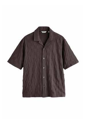 Short-sleeve dark brown button-up shirt with textured grid pattern and a relaxed collar, displayed on a white background.
