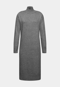 Robe pull col roulé grise en tissu côtelé, avec manches longues et silhouette droite, tombant jusqu'à mi-mollet.