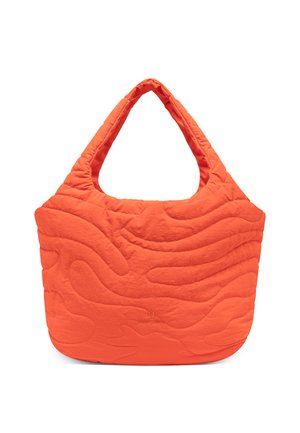 Narancssárga steppelt válltáska texturált hullámmintával, dupla felső fogantyúval és tágas nyílással. Könnyű anyagból készült.
