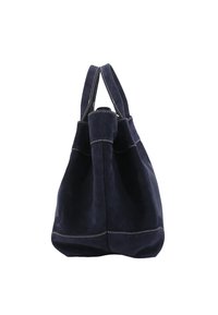 Navy suede tote bag with two top handles, featuring visible stitching details and a soft texture, designed in a slouchy shape for easy carrying.