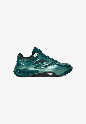 Dark teal metallic low-top athletic shoe with black sole, mesh panels, ventilation holes, and white Reebok logo on the side.