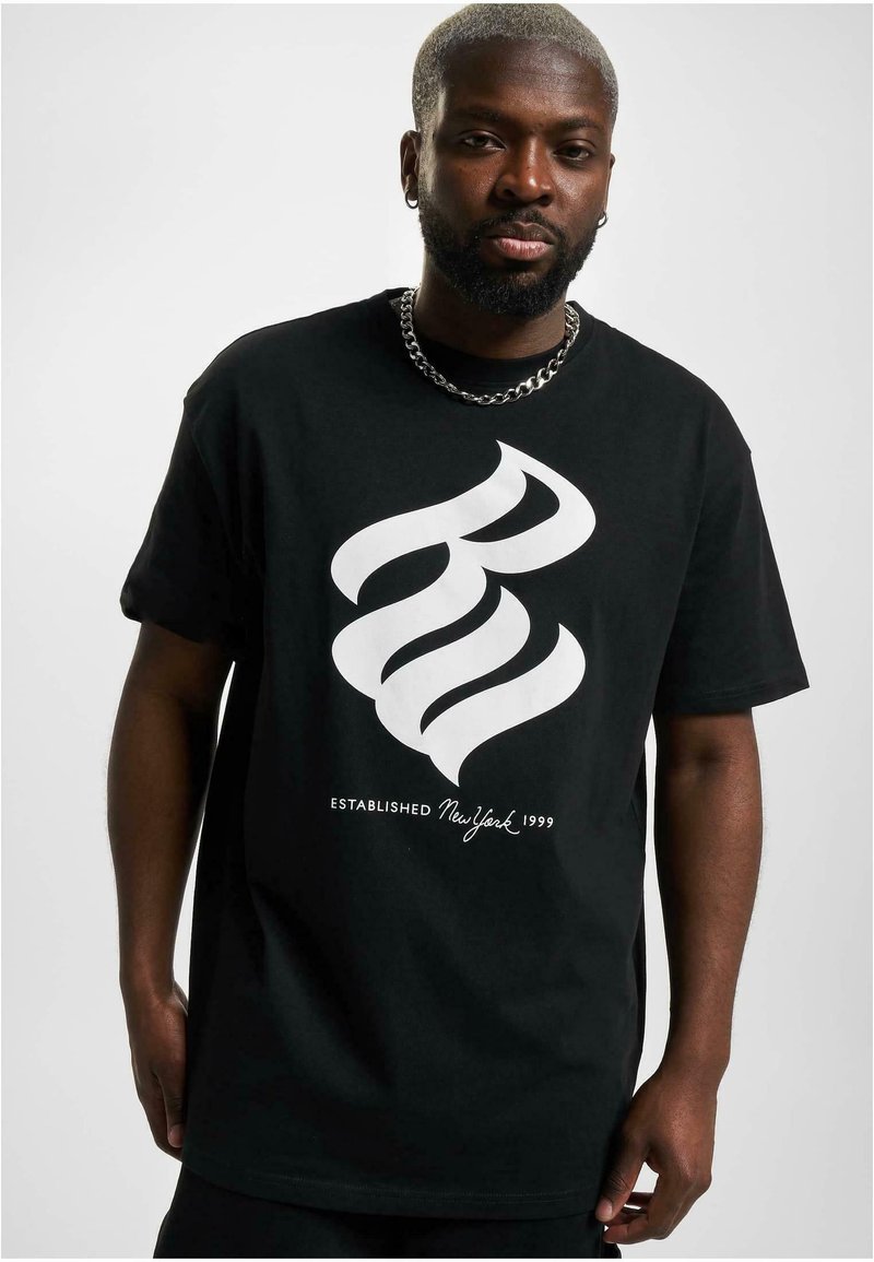 Black cotton t-shirt featuring a large white graphic design with stylized letters and text "ESTABLISHED New York 1999." Short sleeves.