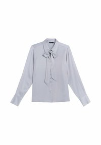 Helle graue Bluse mit langen Ärmeln aus glattem Stoff, die über eine Schleife am Kragen und eine Knopfleiste vorne verfügt.