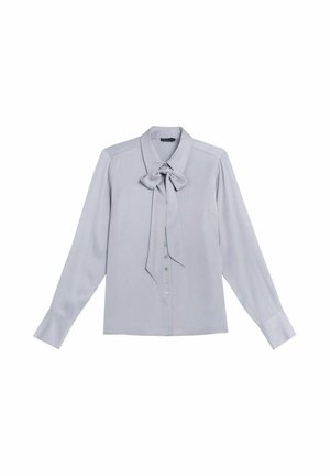 Helle graue Bluse mit langen Ärmeln aus glattem Stoff, die über eine Schleife am Kragen und eine Knopfleiste vorne verfügt.
