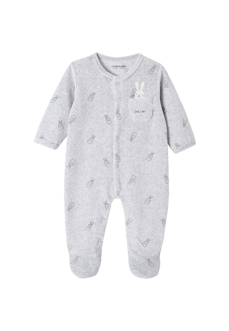 Hellgrauer Baby-Body mit langen Ärmeln, Fußabdeckungen, Knopfverschluss, kleinem Muster von Hasengesichtern und einer Tasche, aus der ein weißer Hase herausschaut.