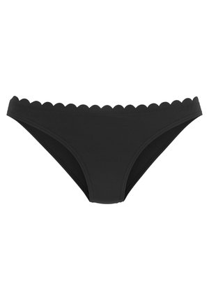 Parte inferiore di bikini nera con bordi scallop, realizzata in tessuto liscio, con un taglio classico a vita bassa e design minimalista.