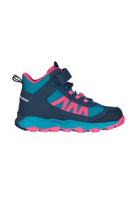 High-top hiking shoes in navy, teal, and pink. Features textured panels, adjustable strap, and rugged outsole with traction.
