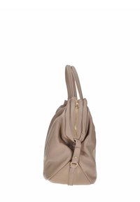 Borsa a tracolla in pelle beige morbida con un design rilassato, doppi manici e dettagli in zip dorati. Presenta una texture liscia e una forma arrotondata.