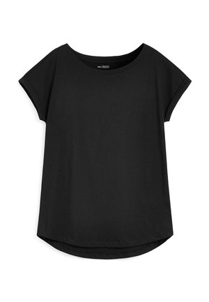 T-shirt noir à manches courtes en coton lisse, avec un col rond et un ourlet incurvé, doté de manches repliées pour un ajustement décontracté.