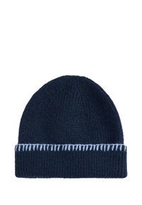 Knitted navy beanie with a textured finish and a contrasting light blue stitched band around the cuff.