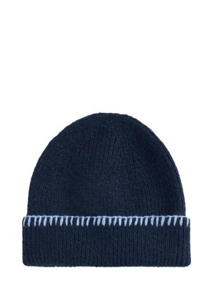 Knitted navy beanie with a textured finish and a contrasting light blue stitched band around the cuff.