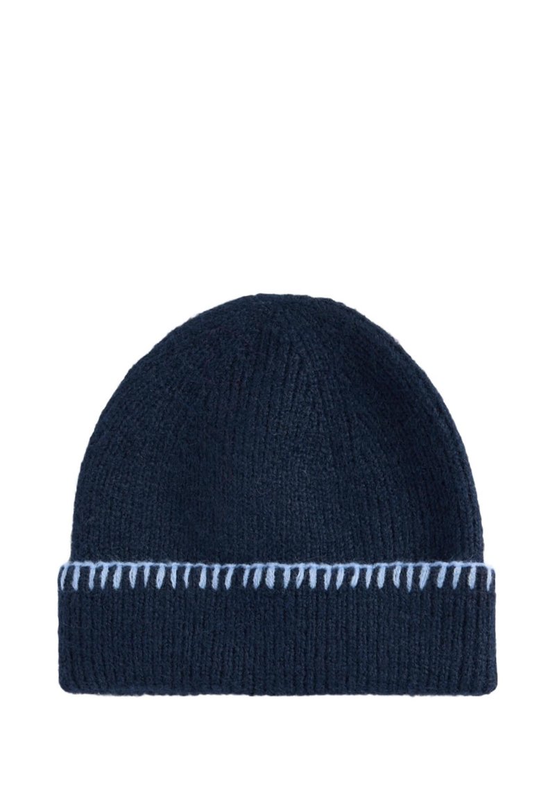 Knitted navy beanie with a textured finish and a contrasting light blue stitched band around the cuff.