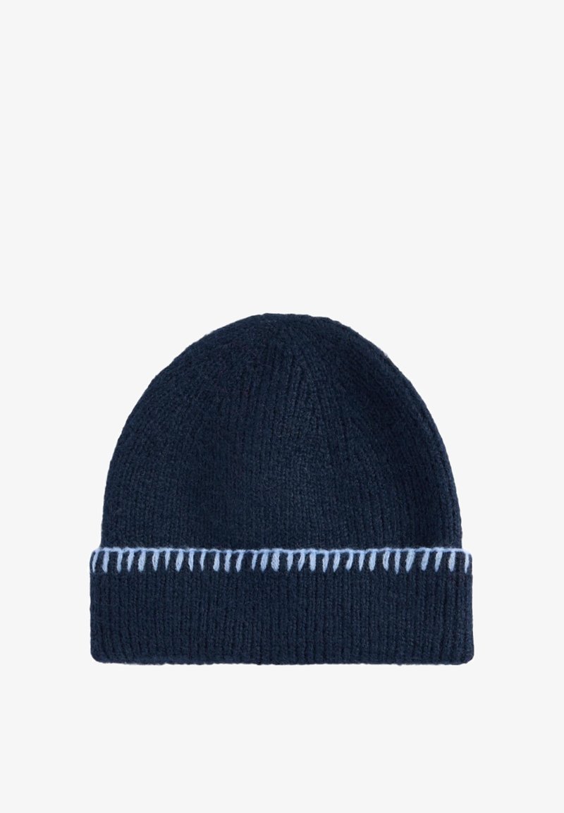 Knitted navy beanie with a textured finish and a contrasting light blue stitched band around the cuff.