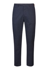 Pantalon bleu marine en tissu texturé avec une coupe droite, doté d'un devant plat, de passants de ceinture et d'une jambe légèrement fuselée.