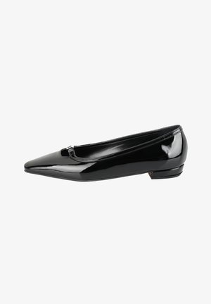 Black patent leather flat with a pointed toe, featuring a small silver accent near the opening and a low, block heel.