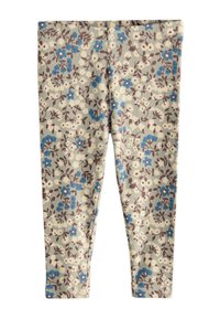 Leggings con costine in verde chiaro con un motivo floreale che presenta colori blu, marrone e crema. Vita elasticizzata, design aderente.