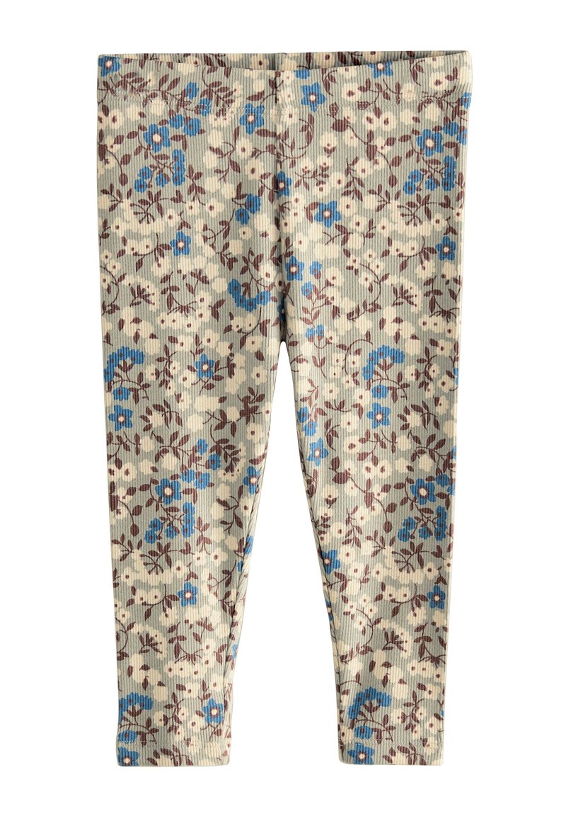 Leggings con costine in verde chiaro con un motivo floreale che presenta colori blu, marrone e crema. Vita elasticizzata, design aderente.