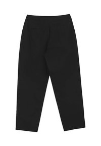 Pantalons noirs avec une texture lisse, coupe droite et taille mi-haute. Comprend deux poches arrière et une finition soignée.