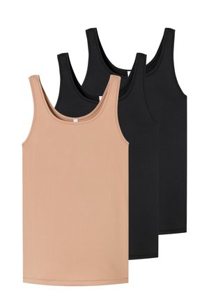 Trzy bezrękawniki nałożone na siebie, z przodu beżowy, za nim dwa czarne, gładkie, bez wzorów i logo.