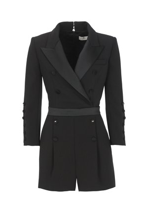 Blazer nero doppiopetto con vita aderente, tessuto liscio, rever a punta, maniche lunghe e dettagli con bottoni su maniche e davanti.