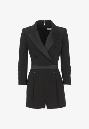 Blazer nero doppiopetto con vita aderente, tessuto liscio, rever a punta, maniche lunghe e dettagli con bottoni su maniche e davanti.