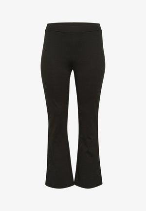 Black flared leggings made of stretchy fabric with a smooth texture and an elastic waistband. Simple design with no visible patterns or hardware.