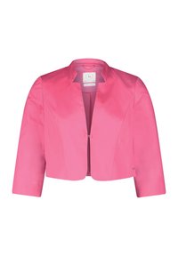 Rosa cropped Jacke mit glatter Textur, ausgestattet mit einem Mandarin-Kragen, kurzen Ärmeln und einem einzigen Druckverschluss vorne.