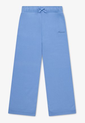 Lyseblå bukser med brede ben, elastisk talje og snøre, med diskret broderet mærketekst på forsiden til højre.