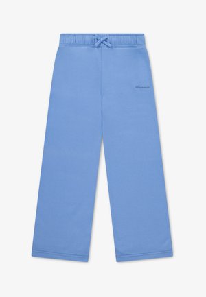 Lichtblauwe wijde broek met elastische tailleband en trekkoord, met subtiele geborduurde merktekst aan de voorkant aan de rechterkant.