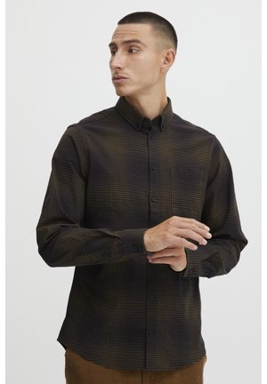 Long-sleeved shirt in dark brown with a subtle grid pattern, featuring a button-down collar, front buttons, and cuffs. Smooth fabric texture.