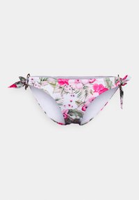 Parte de baixo de biquíni floral com base branca, apresentando padrões tropicais em rosa e verde. Amarra nos lados com detalhes decorativos em metal.
