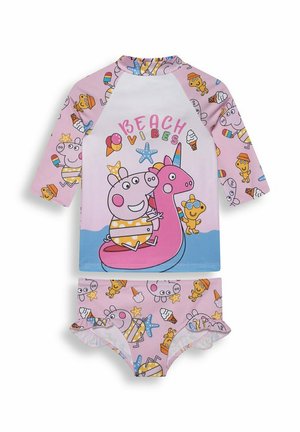 Zweiteiliges rosa Kinder-Schwimmset mit langen Ärmeln, mit einem gezeichneten Schwein auf einem Einhorn-Schwimmring, Eiscreme, Seestern und dem Text "Beach Vibes".