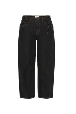 Black denim wide-leg pants with contrast stitching, front pockets, and a relaxed fit. Features a belted waist for adjustable comfort.