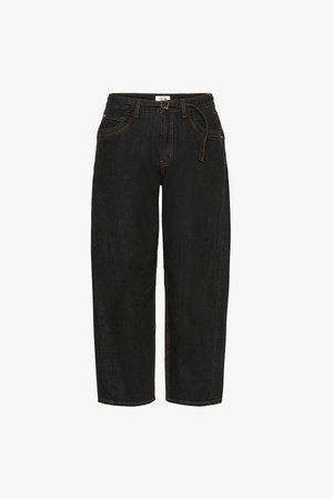 Black denim wide-leg pants with contrast stitching, front pockets, and a relaxed fit. Features a belted waist for adjustable comfort.