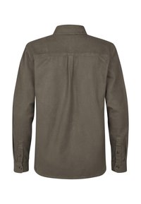 Olive green long-sleeve shirt in a cotton blend, featuring a classic collar, button cuffs, and a sewn pleat detail on the back.